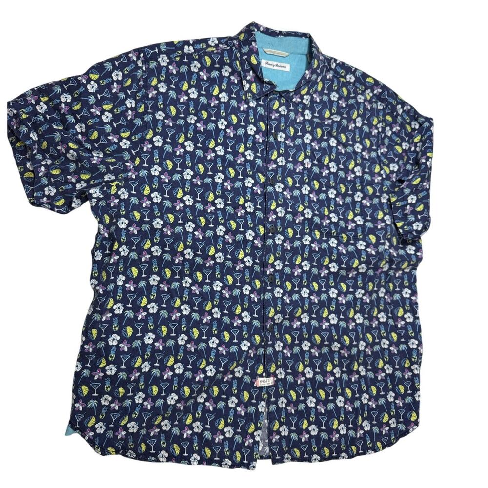 Tommy Bahama Blue Button Down Shirt XL Short Sleeve Cotton Blend Martini
